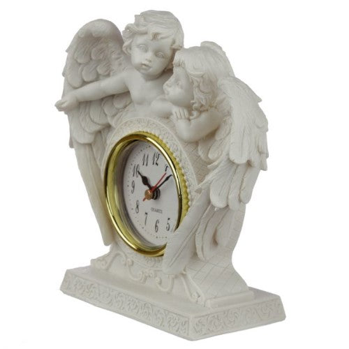 Elegant mantle clock featuring cherub designs, symbolizing love and tranquility, perfect for home decor or gifting.