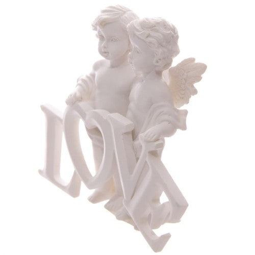 Alt text: "Ornament featuring cherubs holding 'LOVE' letters, 11.5cm wide, ideal for home decor and romantic gifts."