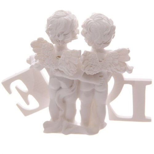 Charming cherubs holding 'LOVE' letters, perfect for adding a romantic touch to home decor, measuring 11.5cm wide.