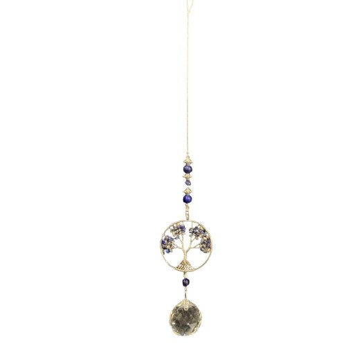 Tree of Life crystal tree featuring Lapiz Lazuli beads and a 30mm aurora crystal ball for inspiration and courage.
