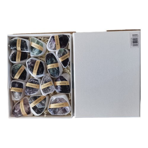 Colorful 4-6cm Fluorite mineral box showcasing unique crystal shapes in vibrant green, purple, and blue hues.