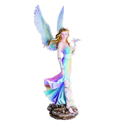 Large rainbow angel figurine with colorful flowing gown and dove, symbolizing peace, perfect for home decor and gifting.