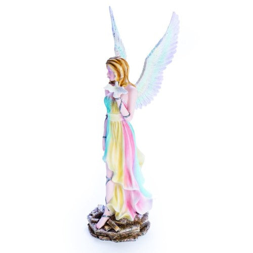 Large rainbow angel figurine with flowing gown and feathered wings, holding a white dove, perfect for home decor and gifts.