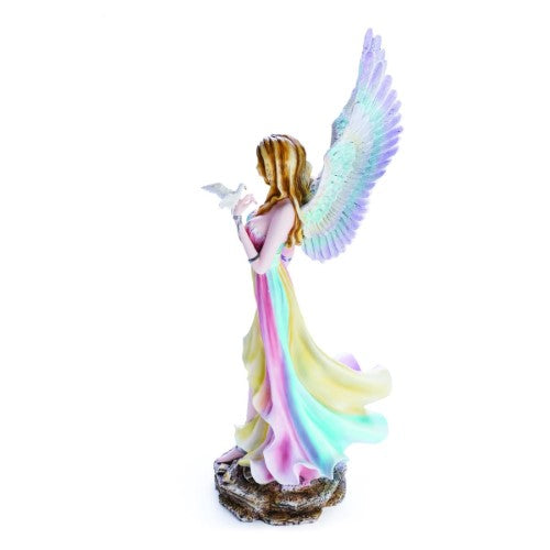 Large rainbow angel figurine (60cm) with colorful gown and dove, perfect for home decor and spiritual gifts.