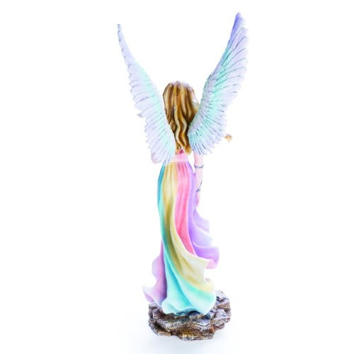 Large rainbow angel figurine with colorful gown and dove, symbolizing peace and hope, perfect for home decor or gifting.