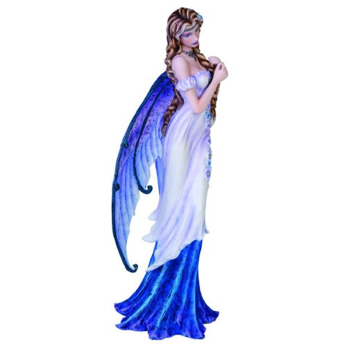 Elegant 48cm fairy figurine in lilac dress with butterfly wings, adorned with blue and purple flowers and silver jewelry.