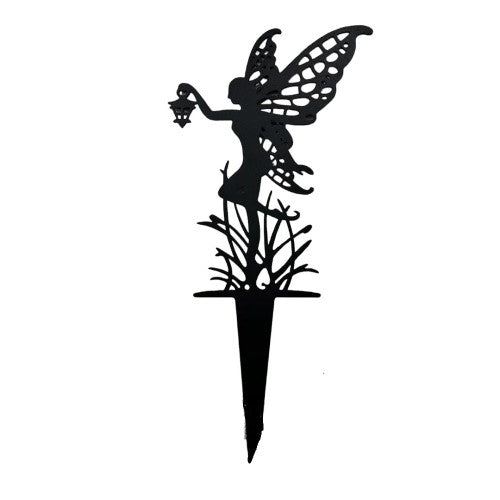 Fairy Stake Dancing & Lantern: whimsical iron garden decoration with black coating, dancing design, and soft glowing light.