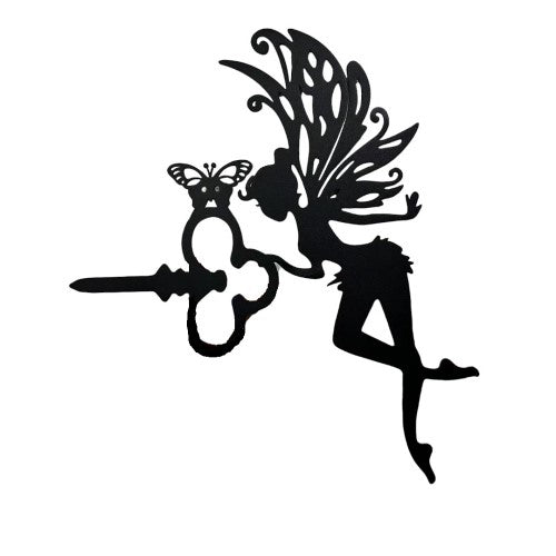 Whimsical 27cm tall iron fairy with key, featuring a sleek black finish and pre-drilled for easy wall mounting.