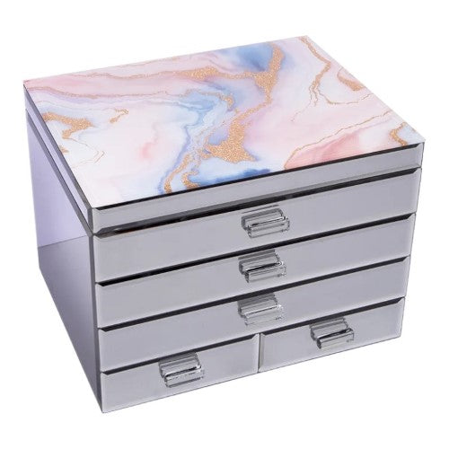 Pastel Dreams Extra Large Jewellery Box with elegant glass mirror pattern, felt-lined compartments, and four deep drawers for stylish organization.