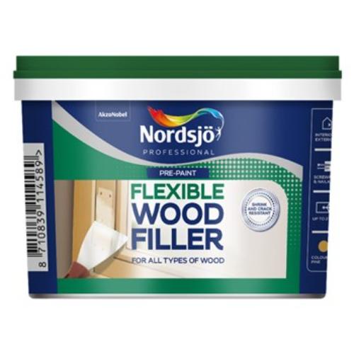 Nordsjo Professional Flexible Wood Filler in a 500ml tub, ideal for smooth, paintable wood repairs on timber surfaces.