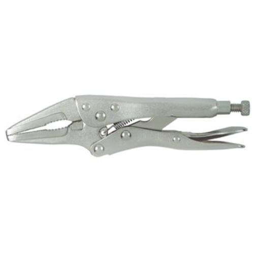 Upgrade 1201 150mm Long Nose Vice Plier featuring drop forged steel, serrated jaws, adjustable locks, and quick release lever.