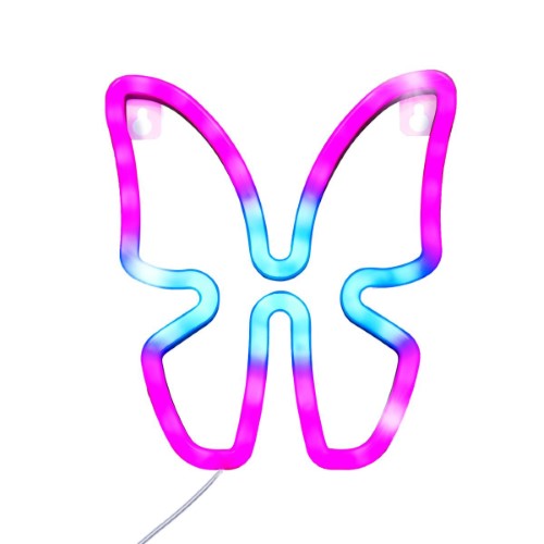 Whimsical butterfly LED wall light in pink and blue, perfect for kids' rooms, battery-operated and stylish at 22cm wide.