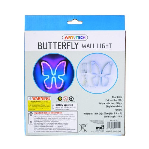 Butterfly-shaped LED wall light in pink and blue, perfect for nurseries or children's rooms, battery-operated for versatility.