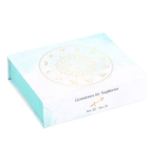 Sagittarius Gemstone Crystal Tumblestone Set with five vibrant crystals for positivity, relaxation, and spiritual growth, in a gift box.