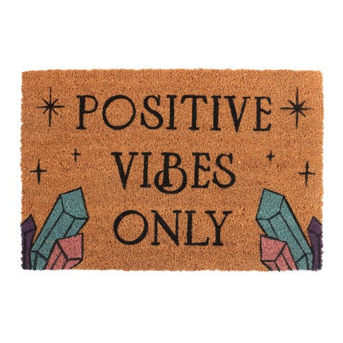 Natural coir doormat with 'Positive Vibes Only' text and crystal accents, perfect for welcoming positivity to your home.