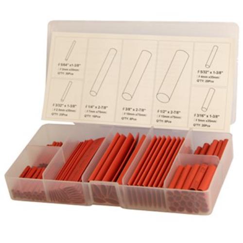 Red heat shrink tubing set with 127 pieces for wire insulation, easy to use with heat gun, 2:1 shrink ratio, GS and RoHS approved.