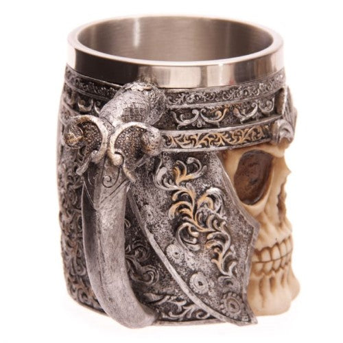 Decorative Skull Warrior Tankard, 15cm wide, featuring a detailed warrior skull, perfect for unique drinkware and home bars.
