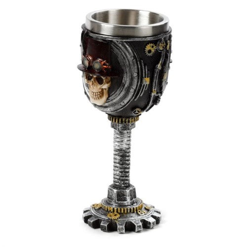 Decorative steampunk skull goblet, 18.8CM tall, intricately designed, perfect for home decor or themed parties.