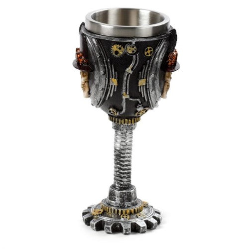 Decorative steampunk skull goblet, 18.8cm tall, unique design, perfect for home decor or themed parties.