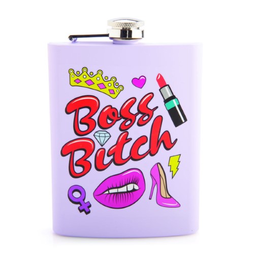 Lavender stainless steel flask with "Boss B*tch" decal, 8oz capacity, perfect for stylish on-the-go sipping.