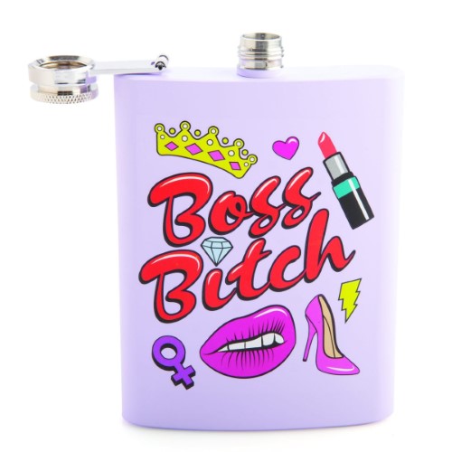 Lavender purple metal flask with bold "Boss B*tch" decal, 8oz capacity, stylish and durable for confident women.