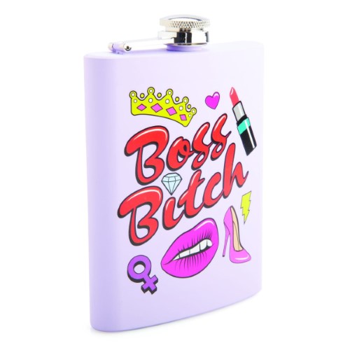 Lavender purple stainless steel flask with bold "Boss B*tch" decal, 8oz capacity, stylish and compact for on-the-go.
