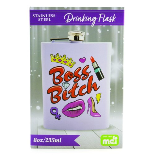 Lavender metal flask with bold "Boss B*tch" decal, 8oz capacity, stylish and compact for confident women on the go.