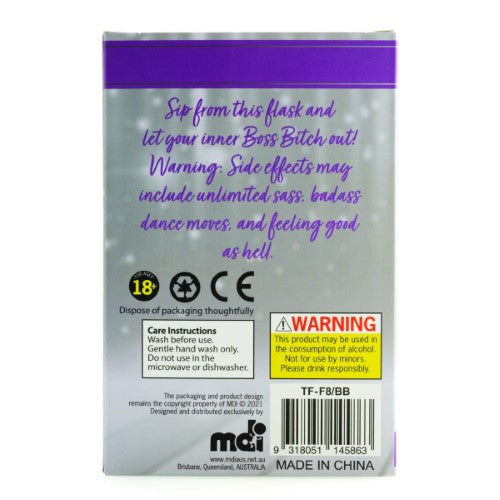 Lavender stainless steel flask with bold "Boss B*tch" decal, holding 8oz; stylish and compact for any beverage.