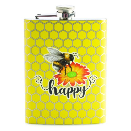Joybee Metal Flask featuring a vibrant yellow honeycomb design and "bee happy" message, perfect for on-the-go hydration.