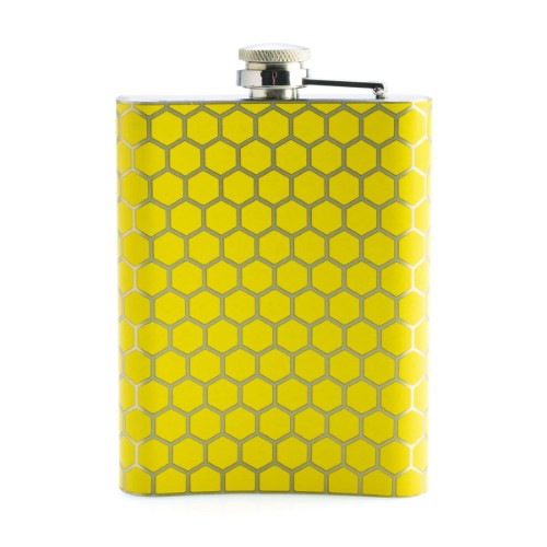 Joybee Metal Flask in yellow honeycomb design with cheerful bee message, 13.5 cm high, holds 8 oz of beverages.