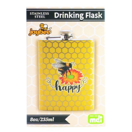 Joybee Metal Flask (13.5cm) with cheerful bee design on yellow honeycomb, holds 8oz, perfect for on-the-go hydration.