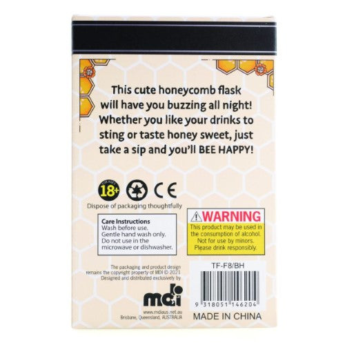 Joybee Metal Flask, 13.5 cm, features cheerful bee design on vibrant honeycomb, made of durable stainless steel, 8 oz capacity.