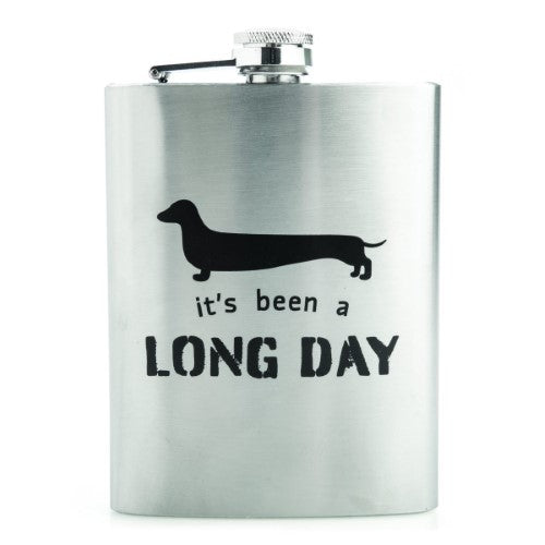 Metal flask with a playful dachshund silhouette and 'It's been a long day' text, perfect for dog lovers.