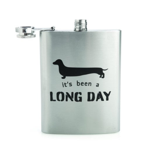 Stainless steel dachshund-themed flask with playful decal, holds 8oz ideal for beverages on the go or at home.