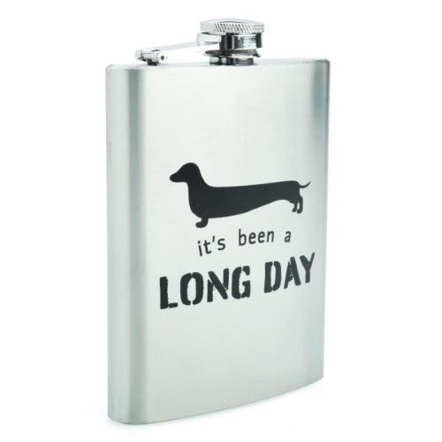 Metal Flask with dachshund silhouette and pun, 13.5cm tall, holds 8oz, ideal for dog lovers on the go.