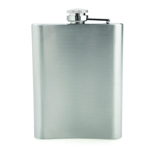 Stainless steel dachshund-themed flask with punny decal, holds 8oz for drinks on the go or at home.