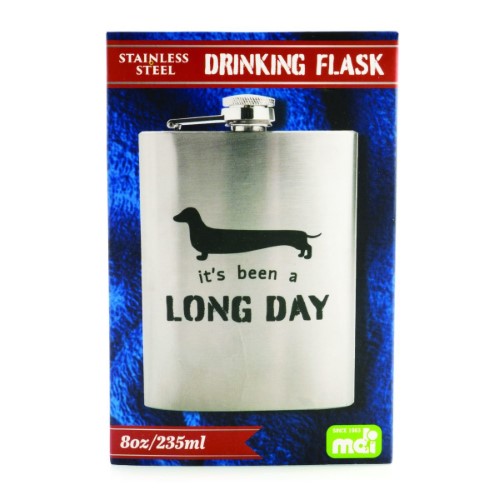 Metal flask with dachshund design and 'It's been a long day' text, holding 8oz, perfect for dog lovers.