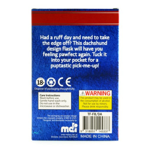 Stainless steel dachshund flask with a whimsical silhouette and 'It's been a long day' pun, holds 8oz of your favorite drink.