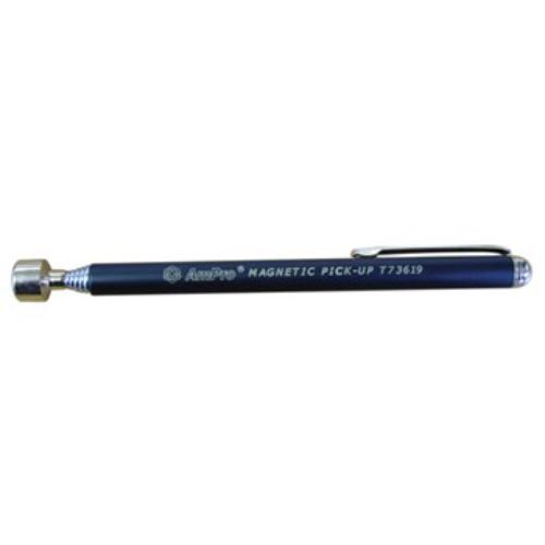 Compact pen-type magnetic tool with pocket clip, holds up to 3.5 lbs, ideal for retrieving small metal objects.
