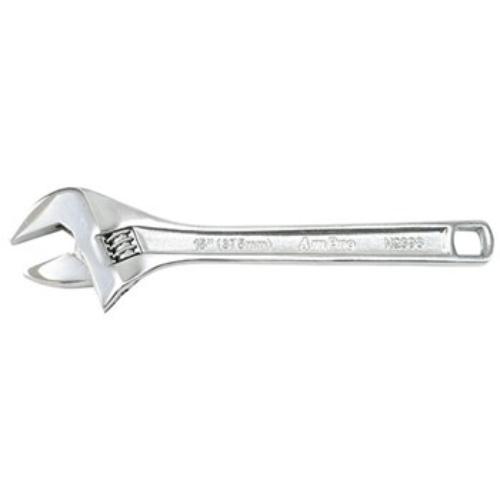 AmPro 100mm adjustable wrench made of durable Chrome Vanadium Steel with a sleek satin chrome finish for corrosion resistance.