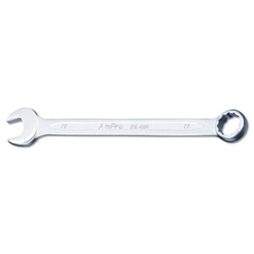 AmPro 7/16" combination wrench with satin chrome finish, thin-wall design, and 15-degree offset for tight spaces.