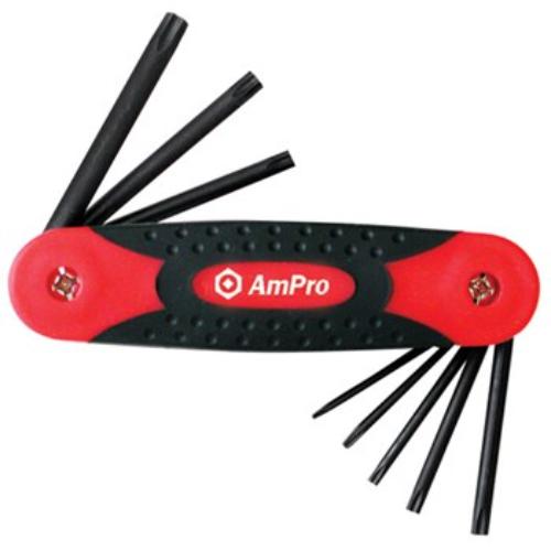 AmPro Folding Hex Key Set, 7 durable chrome vanadium steel keys with cushioned grip, sizes 3/32" to 3/8", compact design.
