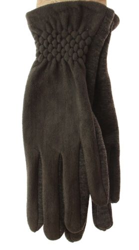 Elegant grey imitation suede gloves with touch screen capability and a snug fit, perfect for winter style and functionality.