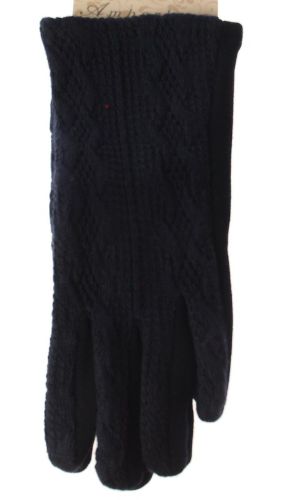 Navy patterned knit gloves with touch screen fingertip and stretchy fit for warmth and style in winter.
