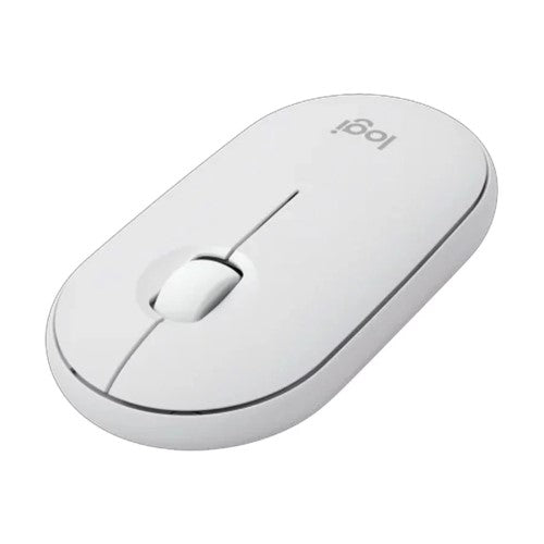 Logitech Pebble Mouse 2 M350s in Tonal White, wireless, eco-friendly, 4000 DPI, silent clicks, and customizable features.