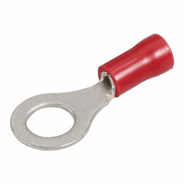 Red vinyl insulated terminal ring, 6.3mm diameter, for secure electrical wire connections in automotive and marine applications.