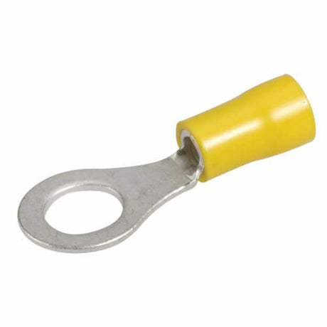 Yellow 8.4mm ring terminal, vinyl insulated for safe, secure electrical connections in automotive and DIY projects.