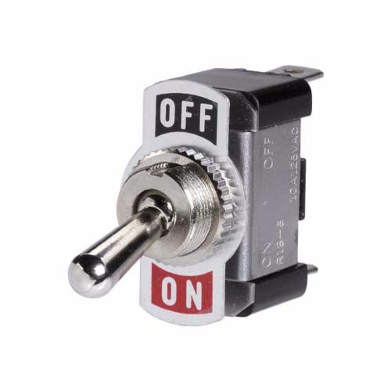Metal toggle switch with SPST design, 20A at 12V, silver contacts, 12.5mm mounting opening.