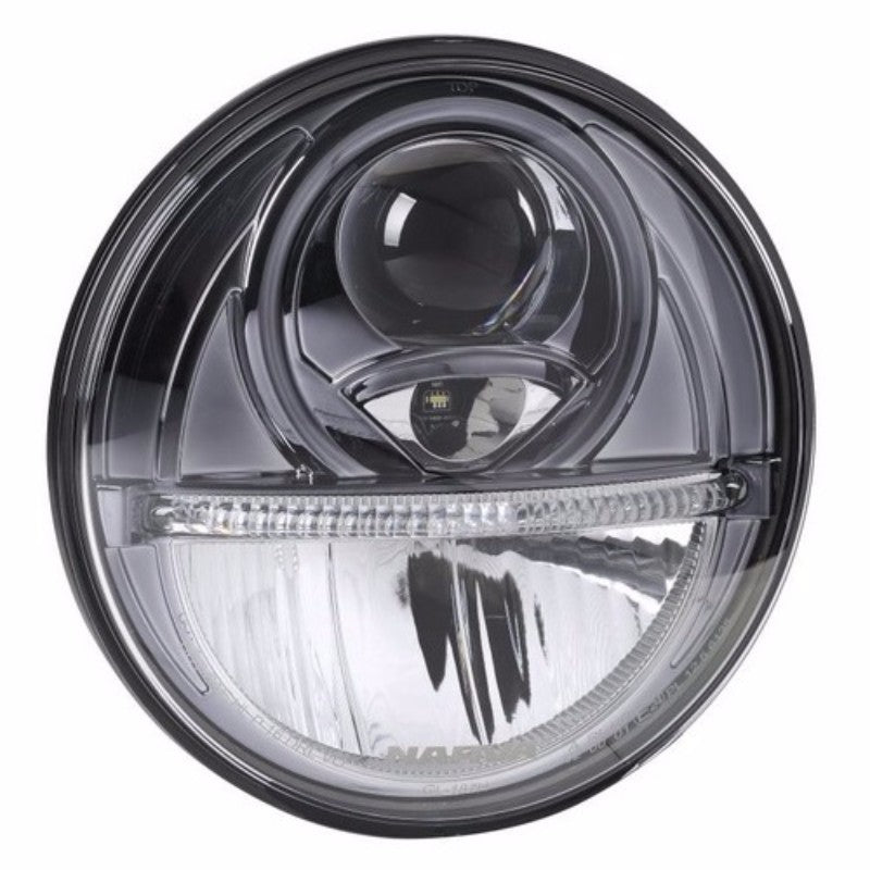 Narva 7in H4 Hi/Drl LED Insert with 6000K white light, durable lens, shock-resistant design, and easy installation for vehicles.