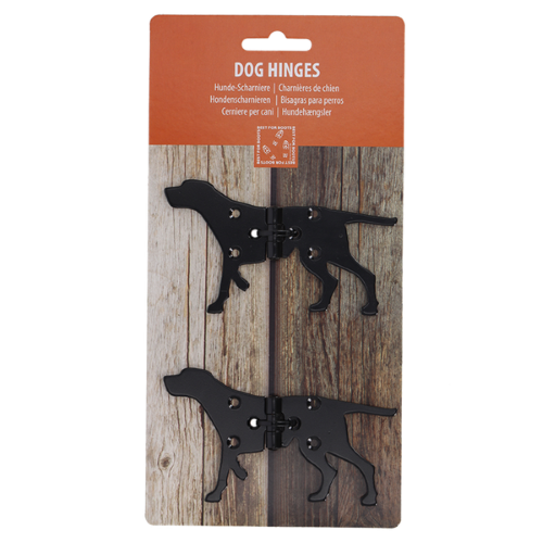 Whimsical dog-shaped iron hinges (12 x 7cm) in assorted designs, perfect for adding charm to any door.